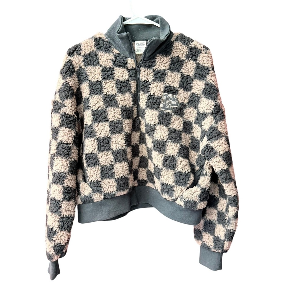 PINK VS Pullover Women Small Black Tan Checkered Sherpa Teddy Fleece Quarter Zip